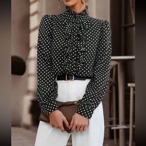 Luxe polka dots ruffle trim shirt